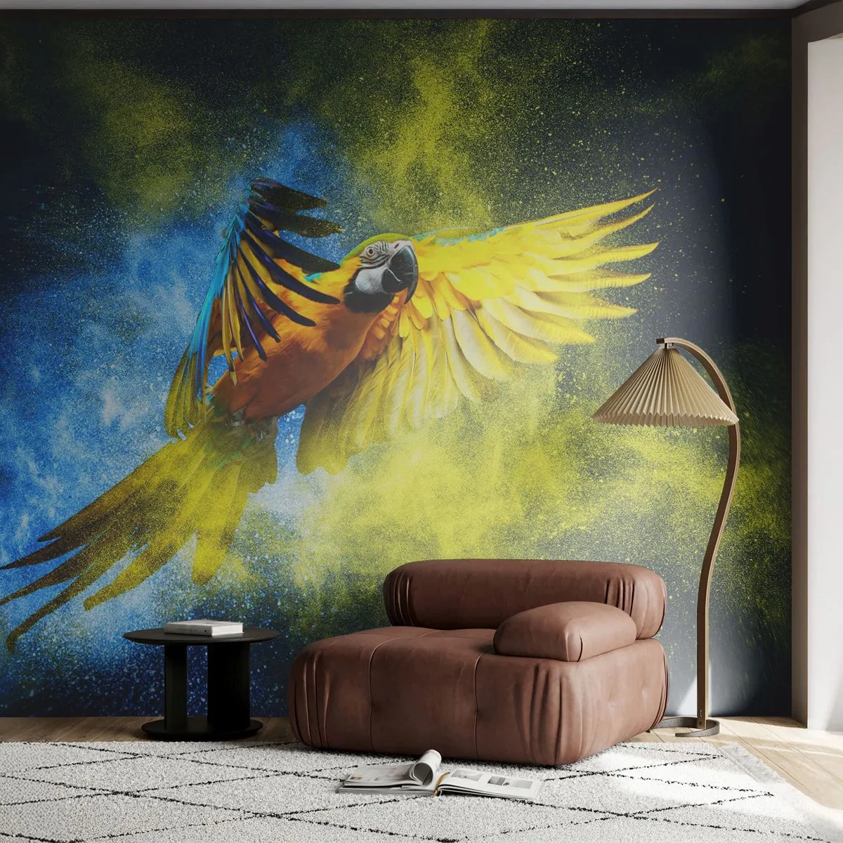 Fototapeta Premium Sand - Lecąca papuga w eksplozji żółto-niebieskiego pyłu - 100x70cm - W błękitno-złotym pyle - Nowoczesna dekoracja ścienna do salonu, kuchni i sypialni ARTTOR