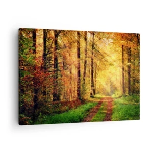 Obraz na płótnie - Leśna ścieżka otoczona złotymi i zielonymi drzewami - 70x50cm - Leśno-złota cisza - Nowoczesna dekoracja ścienna do salonu i sypialni ARTTOR