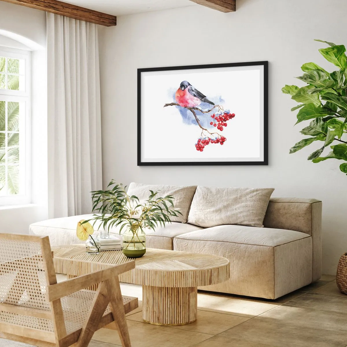 Plakat w czarnej ramie - Ptak na gałęzi z czerwonymi owocami w tle akwareli - 70x50cm - Zima w kolorze - Nowoczesna dekoracja ścienna do salonu i sypialni ARTTOR