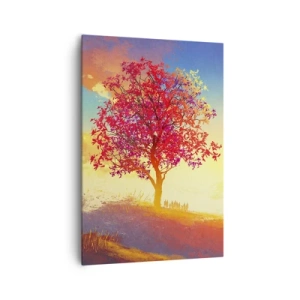 Obraz na płótnie - Postać na wzgórzu obok kolorowego drzewa w świetle zachodzącego słońca - 70x100cm - Pielgrzym u celu - Nowoczesna dekoracja ścienna do salonu i sypialni ARTTOR