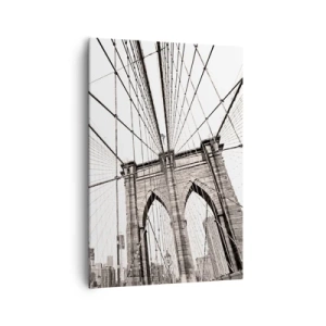 Obraz na płótnie - Most Brooklyn w monochromatycznym ujęciu - 70x100cm - Nowojorska katedra - Nowoczesna dekoracja ścienna do salonu i sypialni ARTTOR
