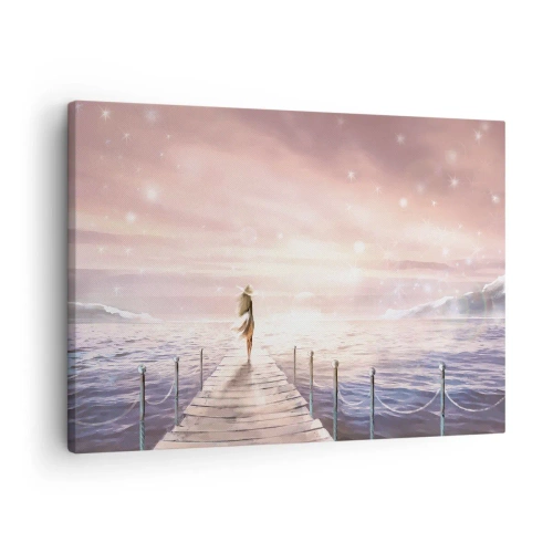 Obraz na płótnie - Kobieta na pomoście w magicznej scenerii zachodu słońca - 70x50cm - W świetle marzenia - Nowoczesna dekoracja ścienna do salonu i sypialni ARTTOR