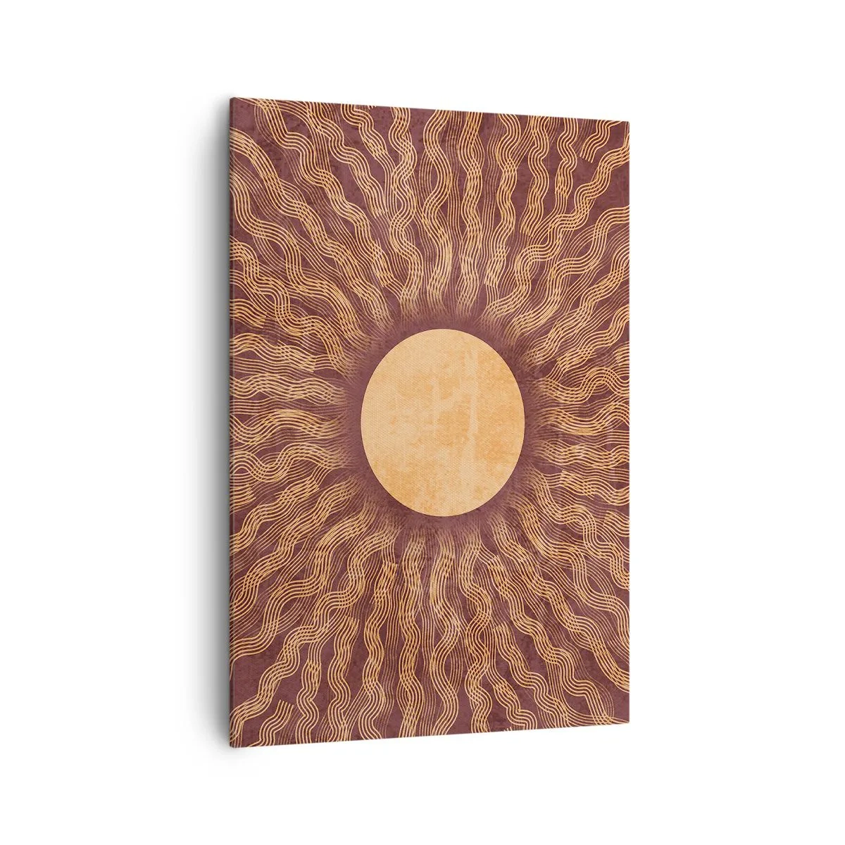 Obraz na płótnie - Słoneczny wzór z promieniami na tle w odcieniach brązu - 70x100cm - Ikona słońca - Nowoczesna dekoracja ścienna do salonu i sypialni ARTTOR