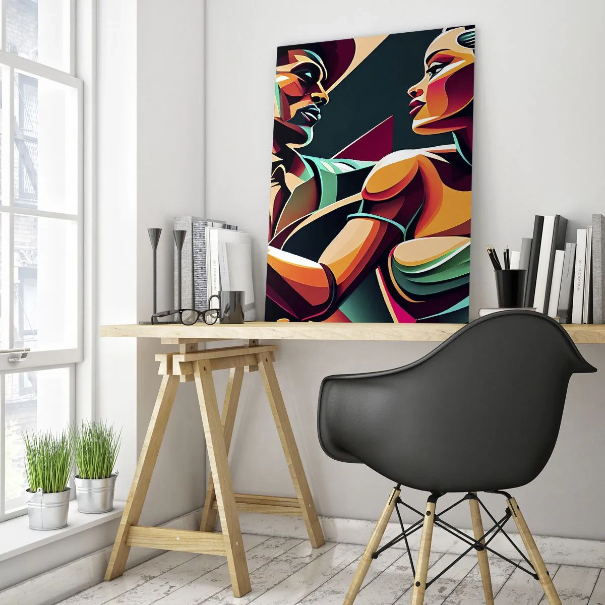 Obraz na szkle - Stylizowana para tańcząca w żywych, geometrycznych barwach - 80x120cm - W rytmie serca - Nowoczesna dekoracja ścienna do salonu i sypialni ARTTOR