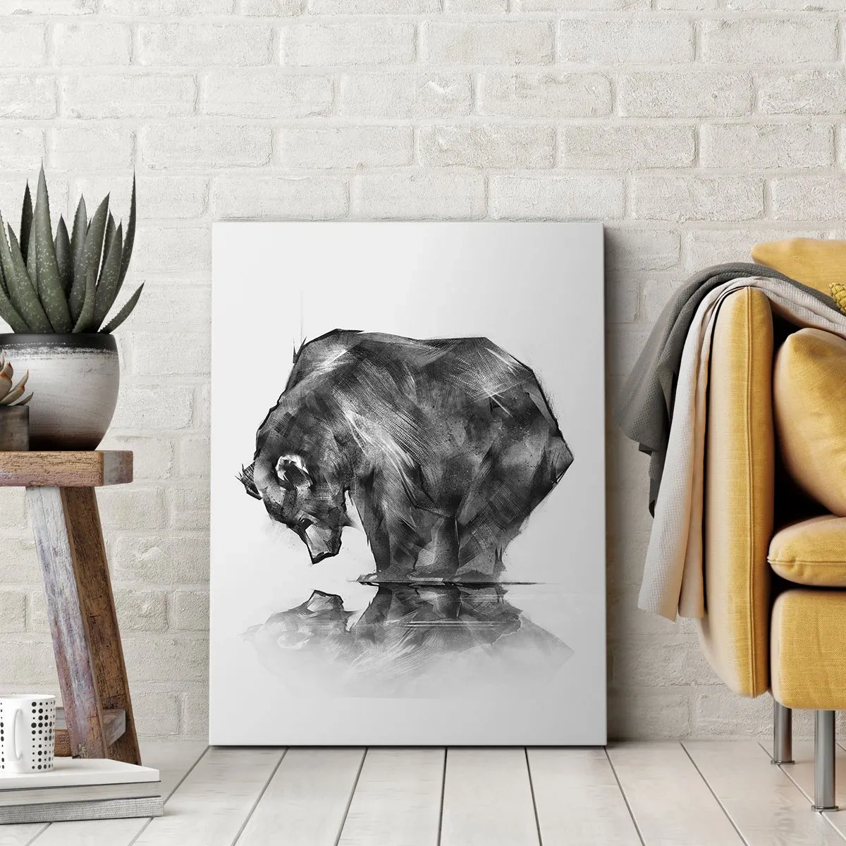 Obraz na płótnie - Szkic niedźwiedzia pochylającego się nad taflą wody i jego odbicie - 50x70cm - Miło zobaczyć się z kimś bliskim - Nowoczesna dekoracja ścienna do salonu, kuchni i sypialni ARTTOR