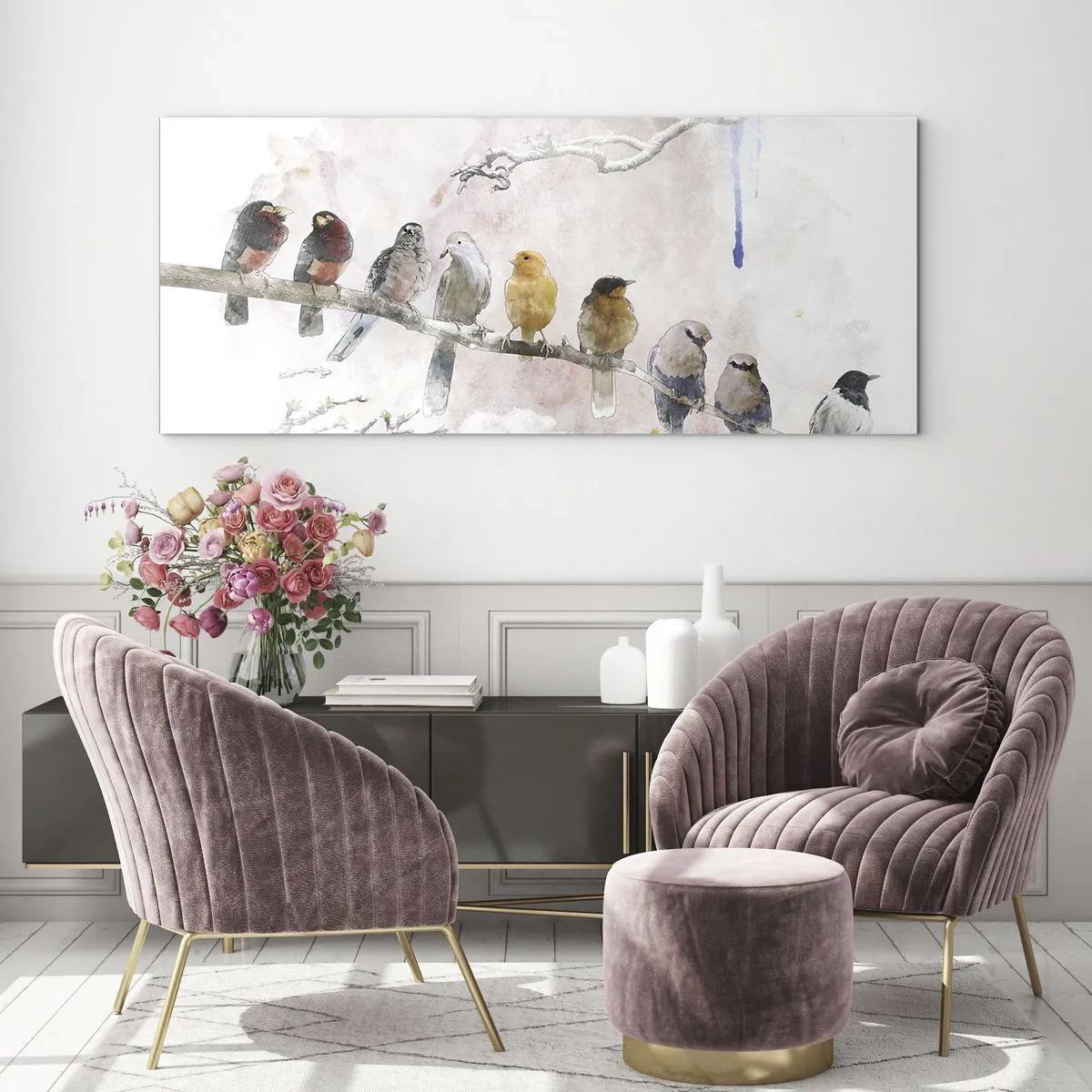 Obraz na szkle - Kolorowe ptaki na gałęzi w akwarelowym stylu - 120x50cm - Skrzydlate spotkanie - Nowoczesna dekoracja ścienna do salonu i sypialni ARTTOR