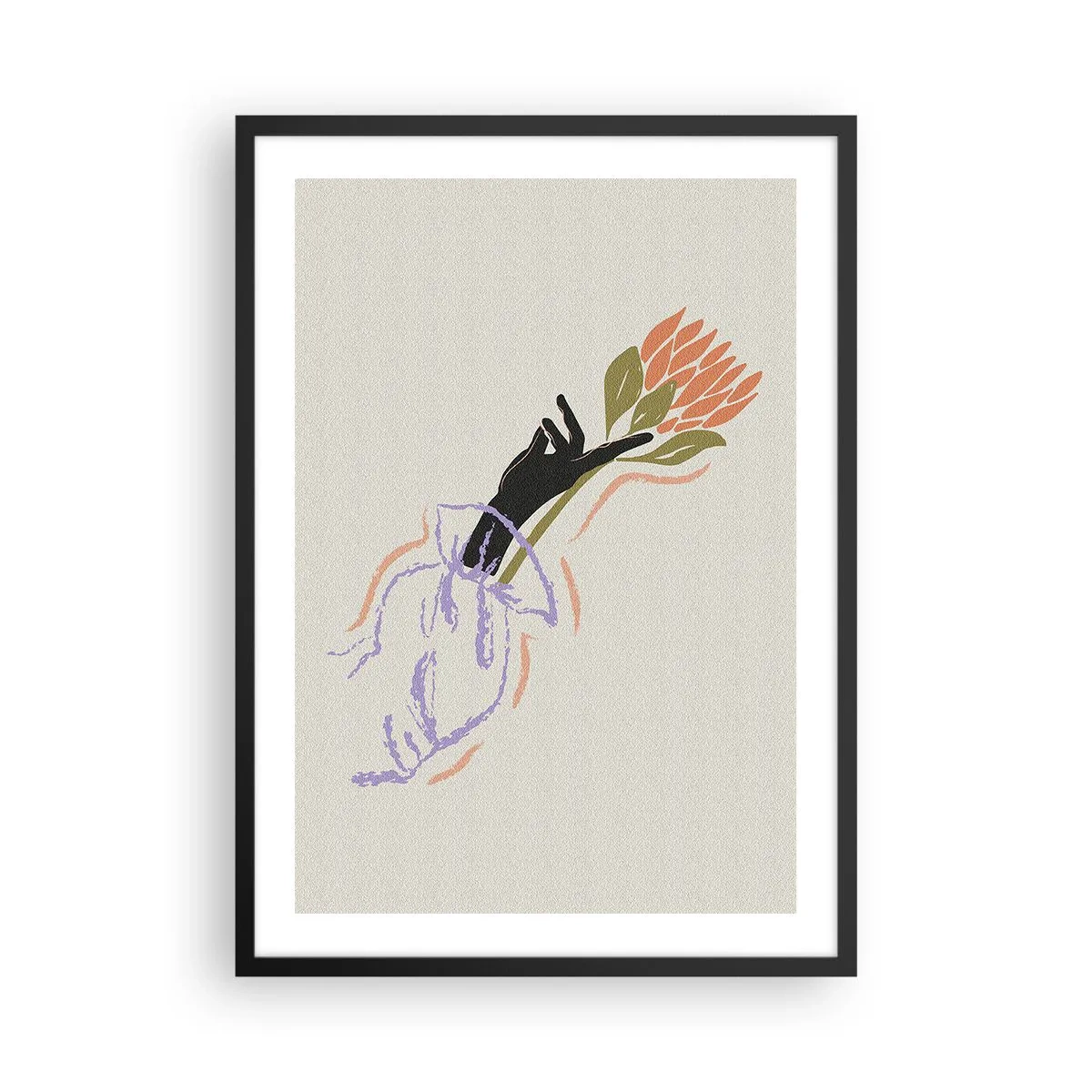 Plakat w czarnej ramie - Abstrakcyjny rysunek przedstawiający rękę trzymającą bukiet kwiatów - 50x70cm - Siostrzany dotyk - Nowoczesna dekoracja ścienna do salonu i sypialni ARTTOR