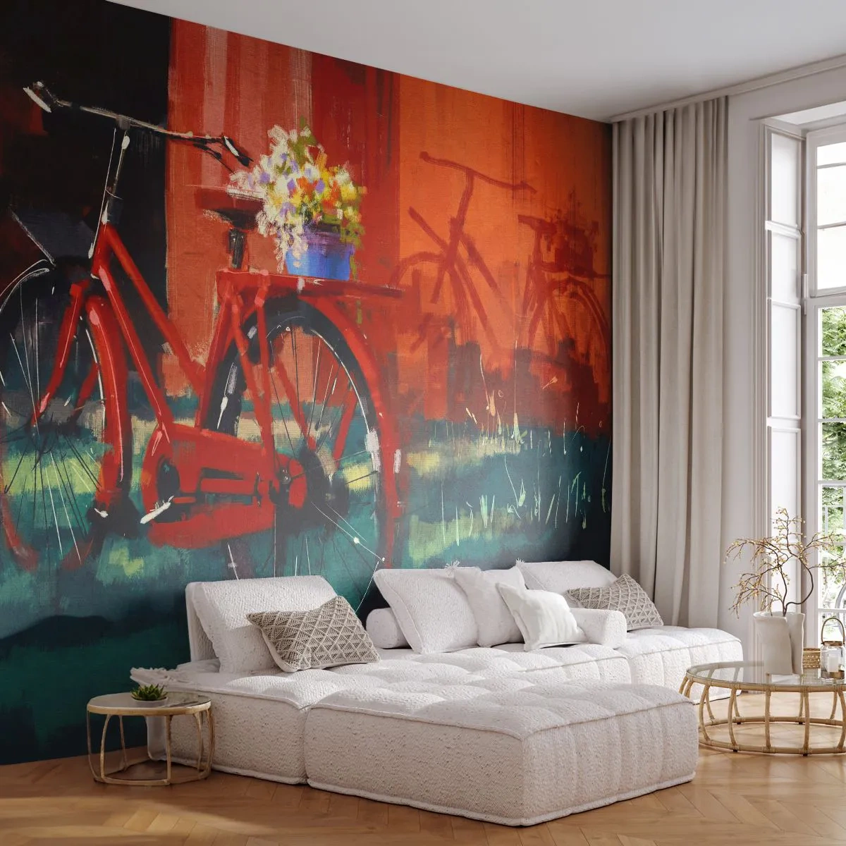 Fototapeta Premium Sand - Czerwony rower z koszem kwiatów na tle ceglastej ściany - 100x70cm - I want to ride my bicycle - Nowoczesna dekoracja ścienna do salonu, kuchni i sypialni ARTTOR