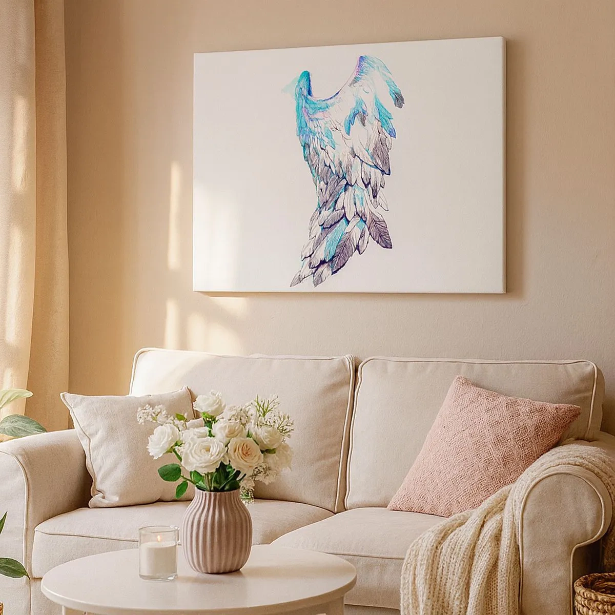 Obraz na płótnie - Delikatne anielskie skrzydła w pastelowych odcieniach - 70x50cm - Trzeba mi skrzydeł - Nowoczesna dekoracja ścienna do salonu i sypialni ARTTOR