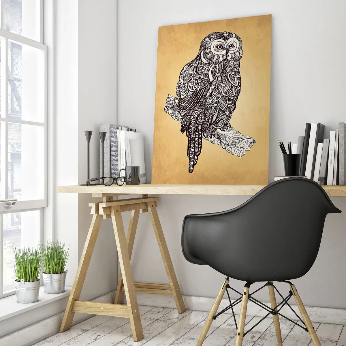 Obraz na szkle - Sowa w ornamentalnym stylu na tle w odcieniach beżu - 80x120cm - Misterne ornamenty mądrości - Nowoczesna dekoracja ścienna do salonu i sypialni ARTTOR