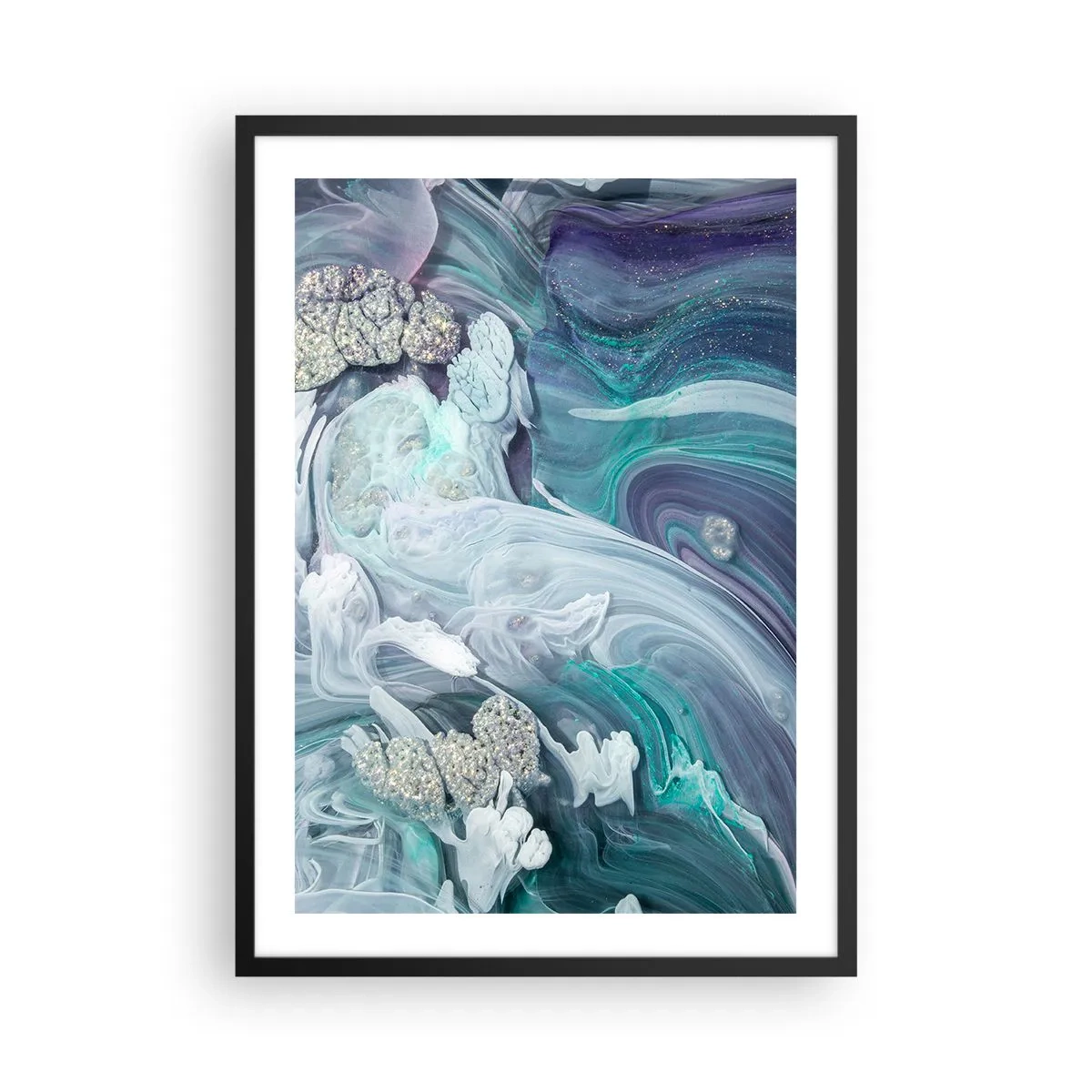 Plakat w czarnej ramie - Abstrakcyjny motyw z błękitnymi i zielonymi wirami oraz fakturą - 50x70cm - Nurty błękitu - Nowoczesna dekoracja ścienna do salonu i sypialni ARTTOR