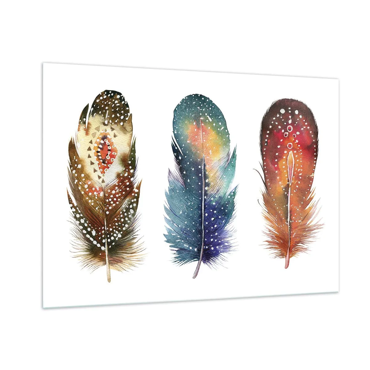 Obraz na szkle - Trzy kolorowe pióra z etnicznymi wzorami - 100x70cm - Rytuały, obrzędy, tajemnice - Nowoczesna dekoracja ścienna do salonu, kuchni i sypialni ARTTOR