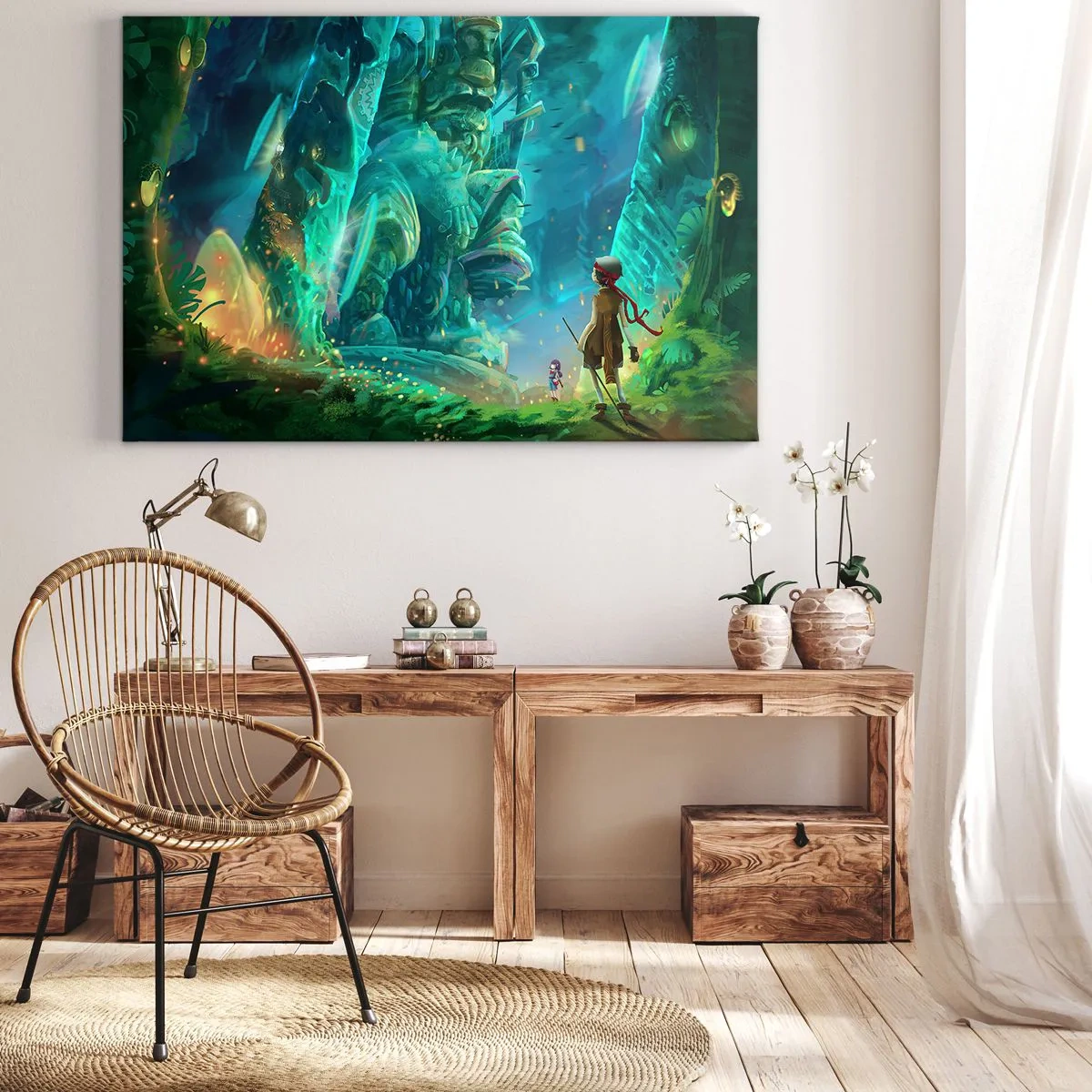 Obraz na płótnie - Z wielkiej Księgi Baśni - Magiczny las z postacią odkrywcy - 70x50cm