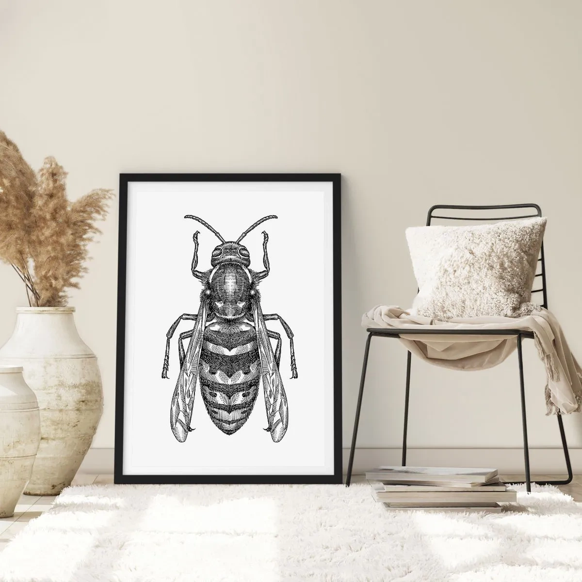 Plakat w czarnej ramie - Szczegółowa ilustracja osy - 50x70cm - Z owadziej planety - Nowoczesna dekoracja ścienna do salonu i sypialni ARTTOR