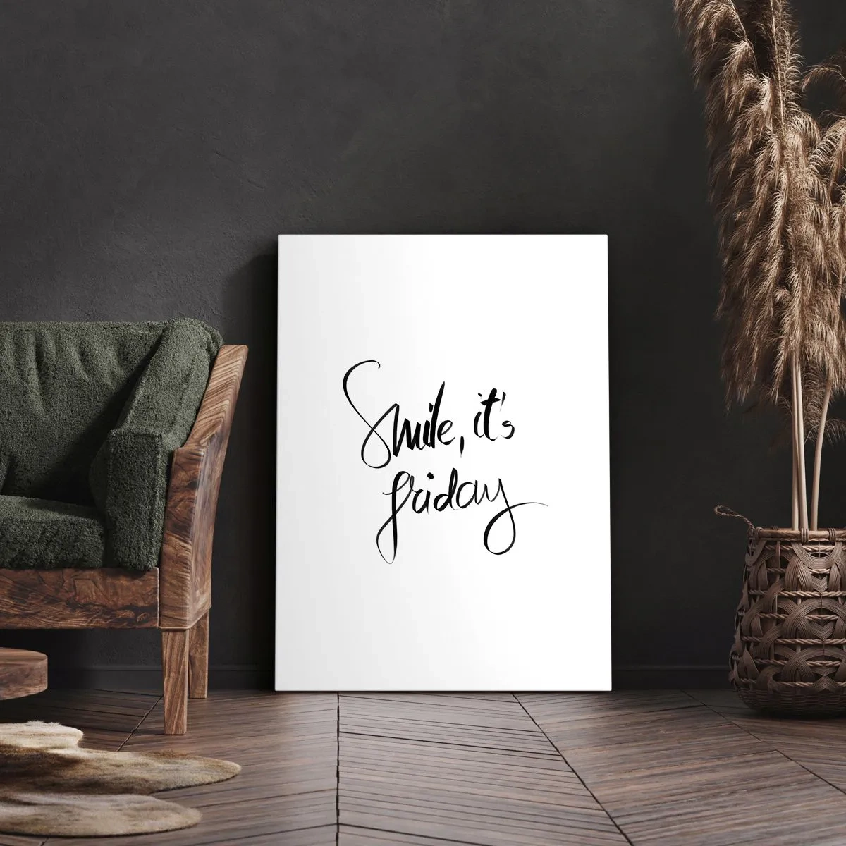 Obraz na płótnie - Minimalistyczny napis 'Smile, it's Friday' na białym tle - 50x70cm - Prawdziwa radość - Nowoczesna dekoracja ścienna do salonu, kuchni i sypialni ARTTOR