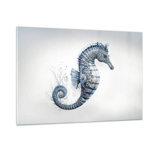 Obraz na szkle - Niebieski konik morski na jasnym tle w stylu rysunku - 120x80cm - Subtelny żart natury - Nowoczesna dekoracja ścienna do salonu, kuchni i sypialni ARTTOR