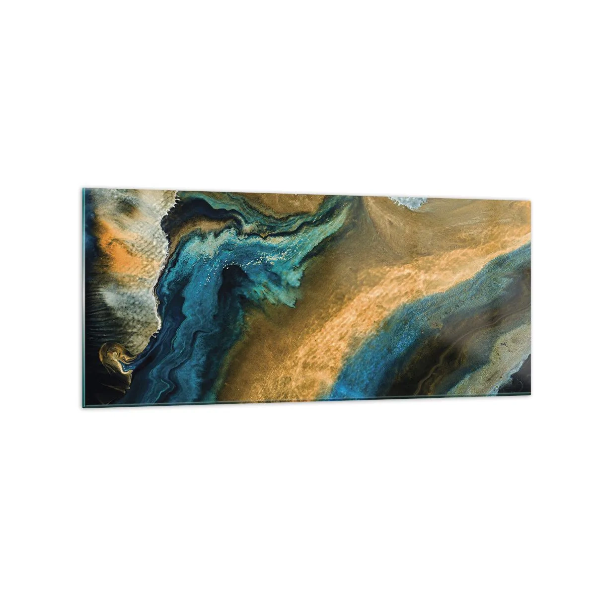 Obraz na szkle - Abstrakcyjne fale w odcieniach złota i niebieskiego - 120x50cm - Niebieski – zółty – wzajemne wpływy - Nowoczesna dekoracja ścienna do salonu i sypialni ARTTOR