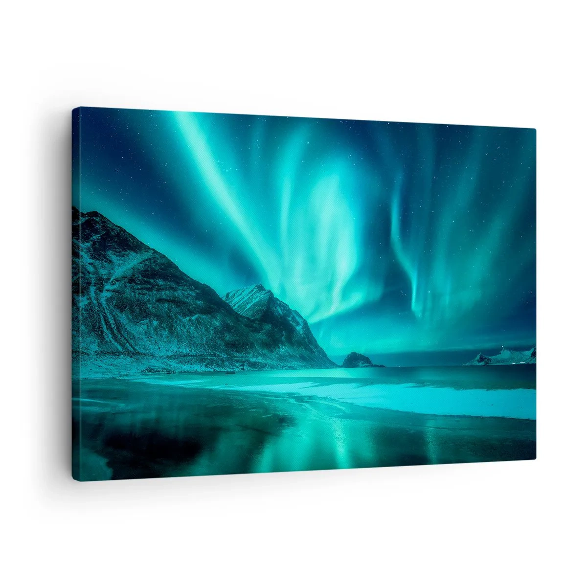 Obraz na płótnie - Zorza polarna nad górskim krajobrazem w zimowej scenerii - 70x50cm - Cuda północy - Nowoczesna dekoracja ścienna do salonu i sypialni ARTTOR