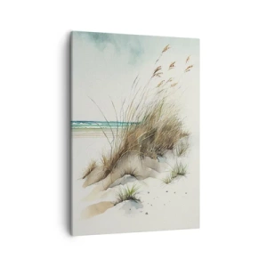 Obraz na płótnie - Akwarelowy pejzaż nadmorski z wydmami i trawami na tle spokojnego morza - 50x70cm - Otulone piaskiem - Nowoczesna dekoracja ścienna do salonu, kuchni i sypialni ARTTOR