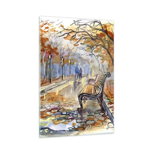 Obraz na szkle - Jesienny park z ławką w akwarelowym ujęciu - 80x120cm - Razem powędrować w jesień - Nowoczesna dekoracja ścienna do salonu i sypialni ARTTOR