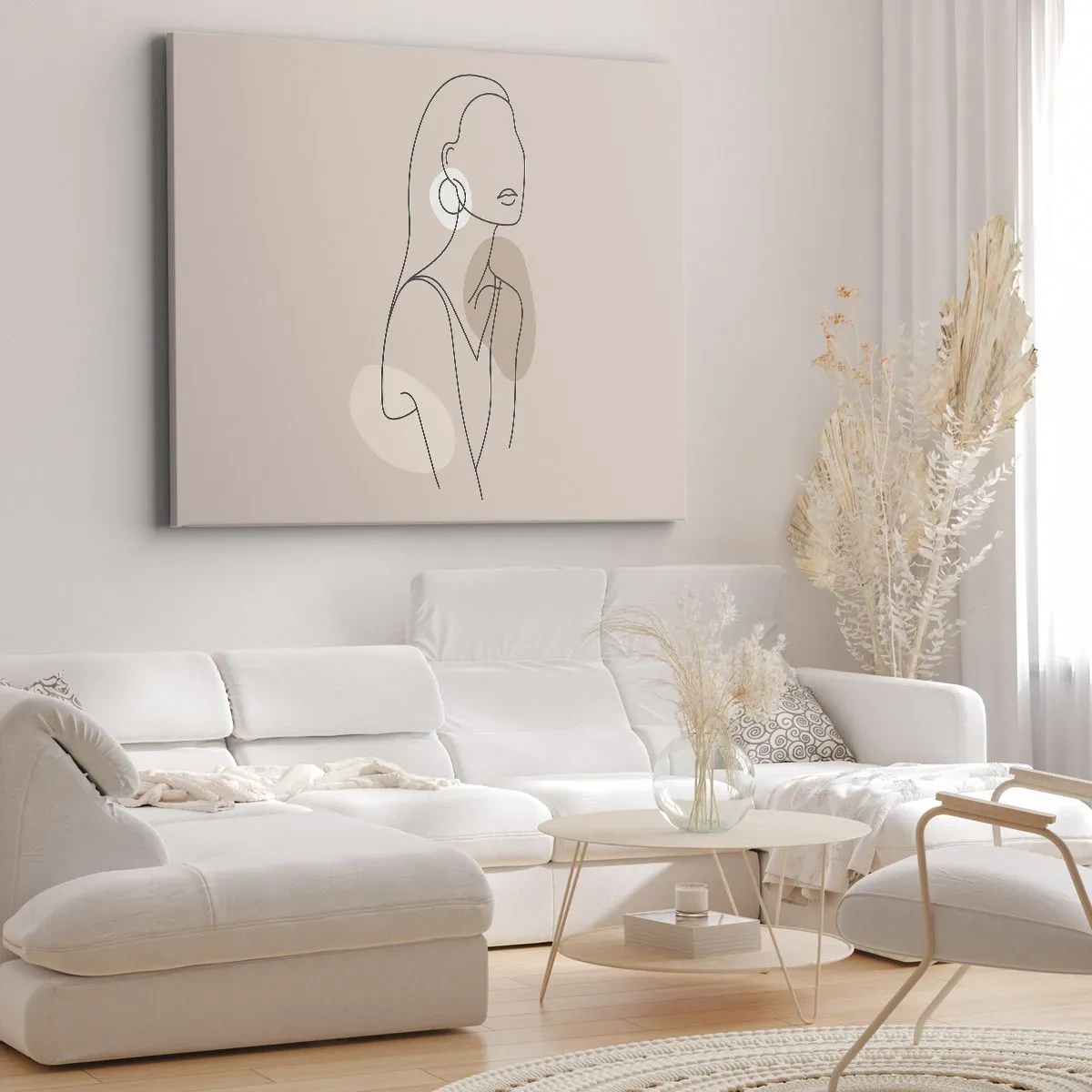 Obraz na płótnie - Minimalistyczna ilustracja kobiety z konturów na beżowym tle - 70x50cm - Ikona dziewczęcości - Nowoczesna dekoracja ścienna do salonu i sypialni ARTTOR