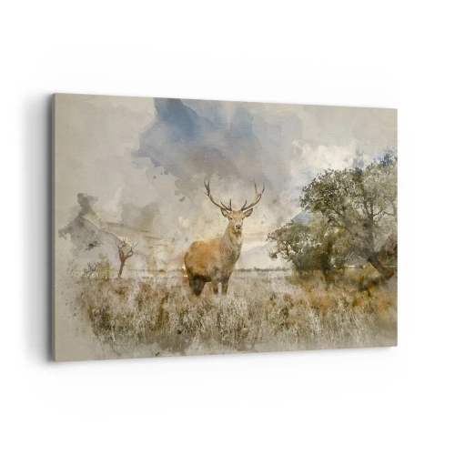 Obraz na płótnie - Jeleń w naturalnym otoczeniu w akwarelowym stylu - 120x80cm - Godność - siła - dostojeństwo - Nowoczesna dekoracja ścienna do salonu, kuchni i sypialni ARTTOR