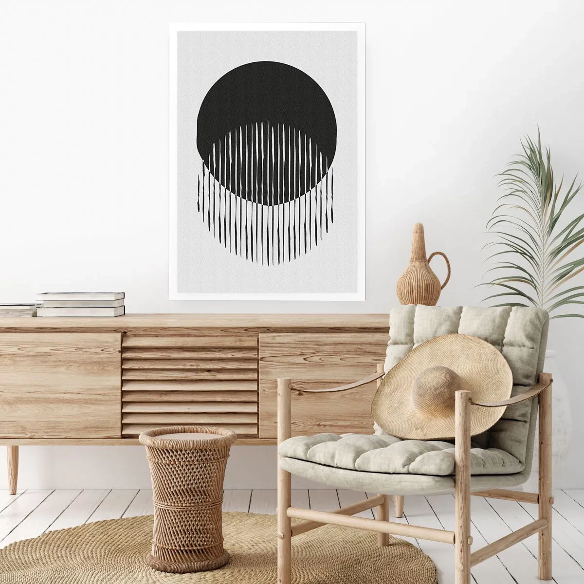 Plakat - Abstrakcyjna kompozycja czarnego koła i pionowych linii - 50x70cm - Jego alter ego - Nowoczesna dekoracja ścienna do salonu, kuchni i sypialni ARTTOR