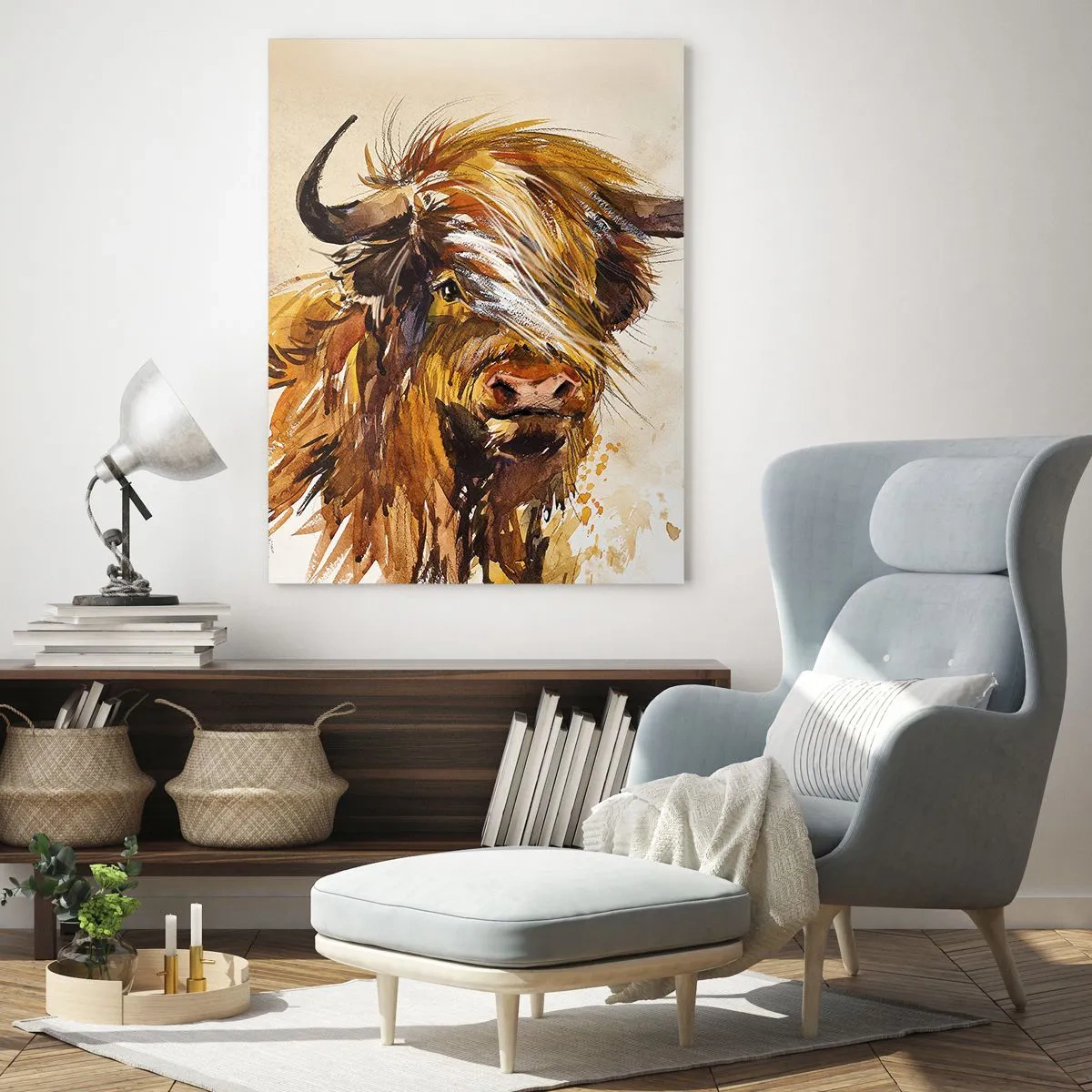 Obraz na szkle - Akwarelowa ilustracja byka szkockiego o długiej sierści - 50x70cm - Duma łowcy - Nowoczesna dekoracja ścienna do salonu, kuchni i sypialni ARTTOR