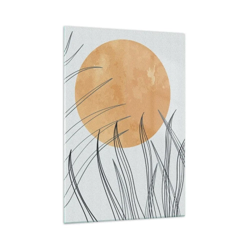 Obraz na szkle - Abstrakcyjne źdźbła traw na tle dużego pomarańczowego słońca - 70x100cm - Zawsze ku słońcu - Nowoczesna dekoracja ścienna do salonu i sypialni ARTTOR