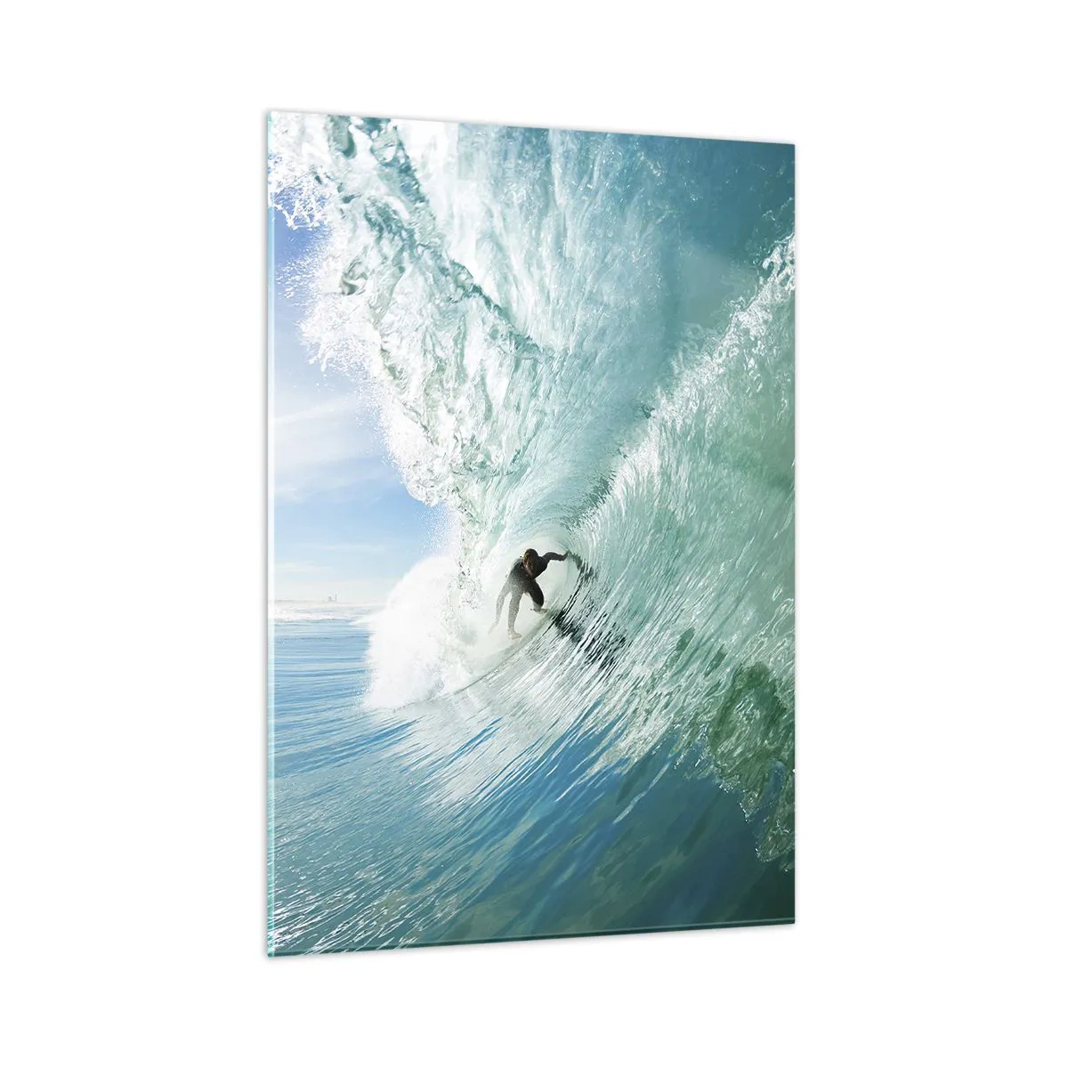 Obraz na szkle - Surfer w tubie fali na tle błękitnego nieba - 50x70cm - Zawsze na fali - Nowoczesna dekoracja ścienna do salonu, kuchni i sypialni ARTTOR