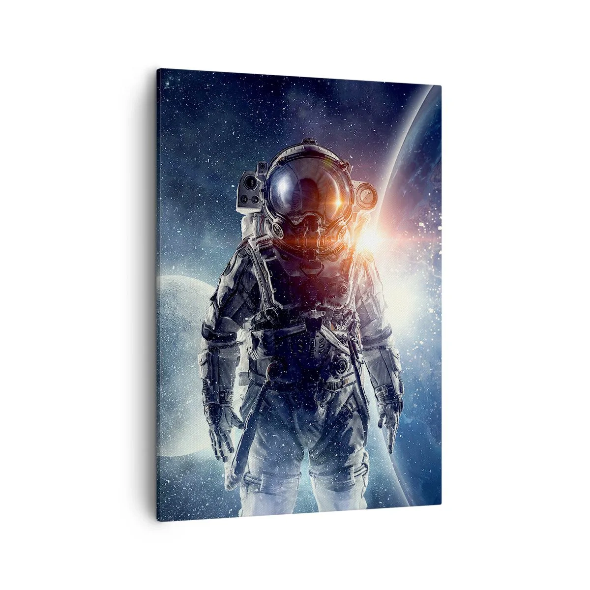 Obraz na płótnie - Astronauta w przestrzeni kosmicznej z planetą i gwiazdami w tle - 50x70cm - Kosmiczna przygoda - Nowoczesna dekoracja ścienna do salonu, kuchni i sypialni ARTTOR