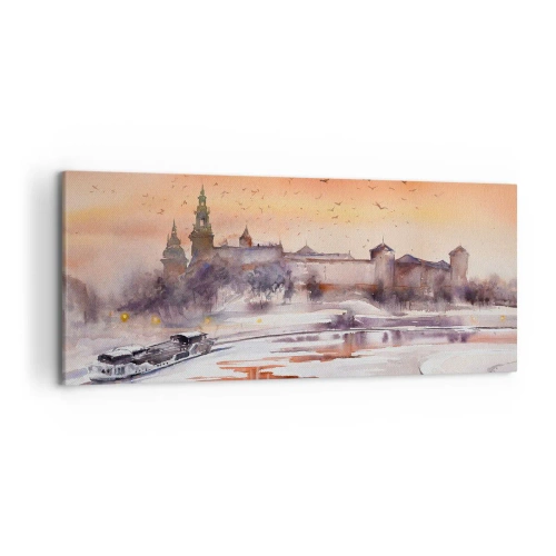 Obraz na płótnie - Zachód słońca nad zamkiem w zimowej scenerii - 120x50cm - Królewski zachód słońca - Nowoczesna dekoracja ścienna do salonu i sypialni ARTTOR