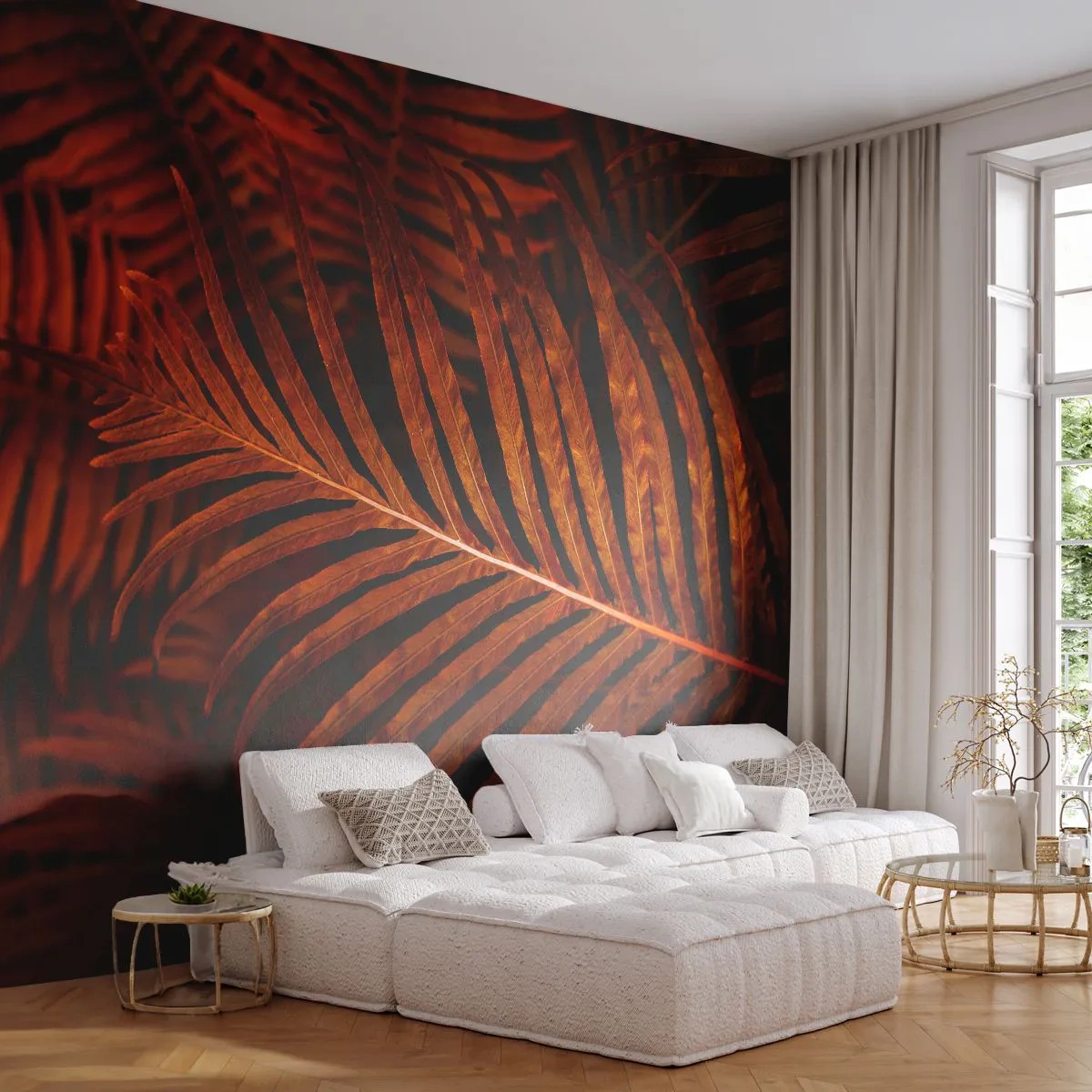 Fototapeta Premium Sand - Ciemne, pomarańczowe liście palmy w nastrojowym świetle - 100x70cm - Żar życia - Nowoczesna dekoracja ścienna do salonu, kuchni i sypialni ARTTOR