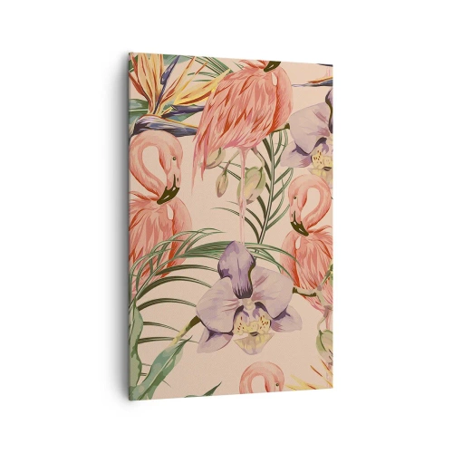 Obraz na płótnie - Flamingi i tropikalne kwiaty na jasnym tle - 80x120cm - Różowy balet w kwiatach - Nowoczesna dekoracja ścienna do salonu i sypialni ARTTOR