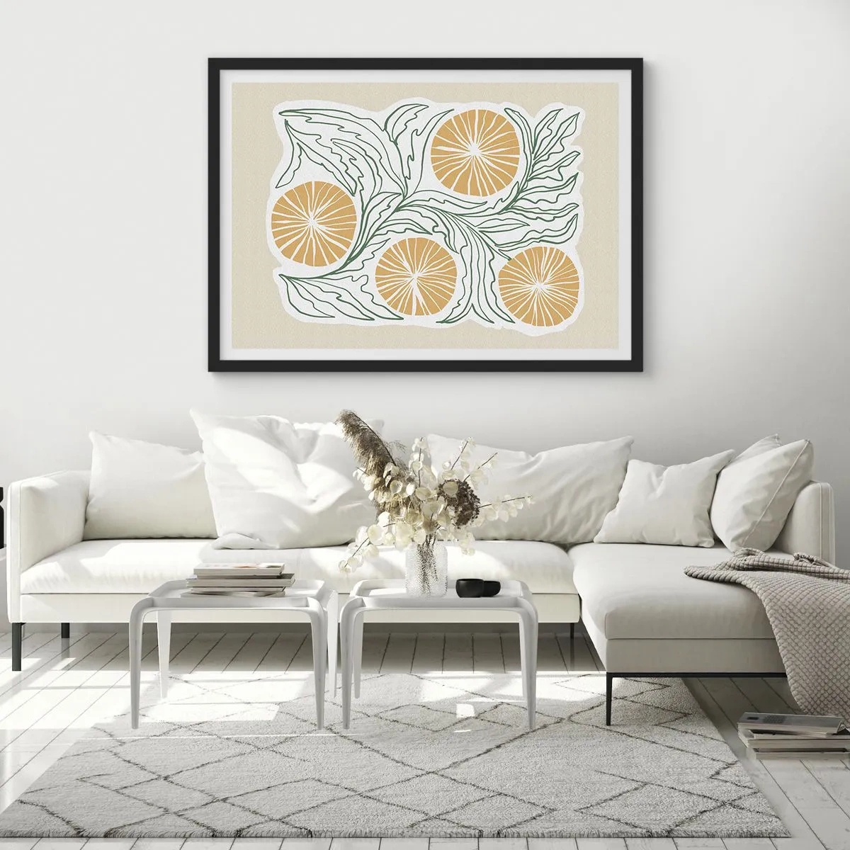 Plakat w czarnej ramie - Minimalistyczny motyw pomarańczy z zielonymi liśćmi - 70x50cm - Etnicznie z nutą abstrakcji - Nowoczesna dekoracja ścienna do salonu i sypialni ARTTOR