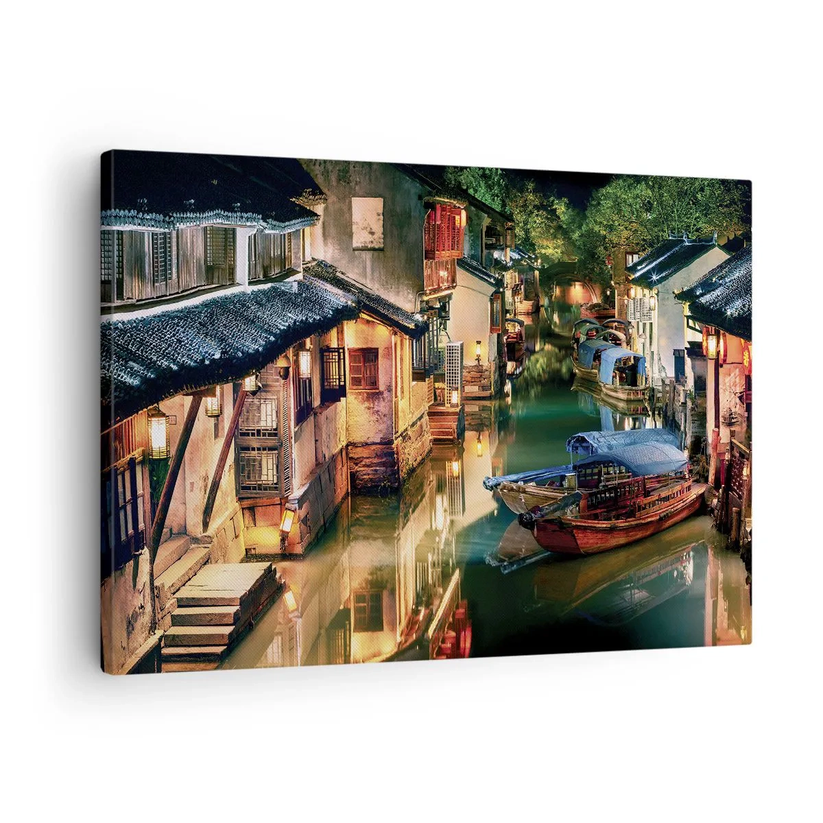 Obraz na płótnie - Nocny widok na kanały z tradycyjnymi łodziami i domami - 70x50cm - Wieczór na chińskiej ulicy - Nowoczesna dekoracja ścienna do salonu i sypialni ARTTOR
