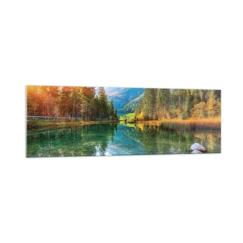 Obraz na szkle - Malownicze jezioro w otoczeniu gór i lasów - 160x50cm - Łagodność jesieni - Nowoczesna dekoracja ścienna do salonu i sypialni ARTTOR