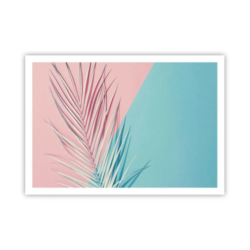 Plakat - Tropikalny liść na tle pastelowych odcieni różu i błękitu - 100x70cm - Tropikalna impresja - Nowoczesna dekoracja ścienna do salonu i sypialni ARTTOR
