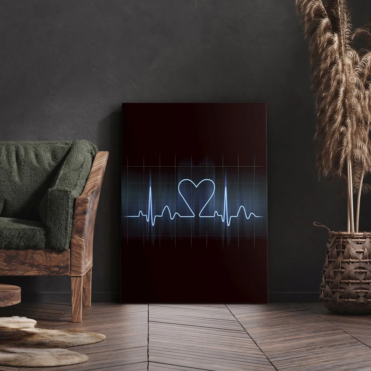 Obraz na płótnie - Linia życia z sercem na tle monitoringu medycznego w odcieniach niebieskiego - 70x100cm - W rytmie serca - Nowoczesna dekoracja ścienna do salonu i sypialni ARTTOR