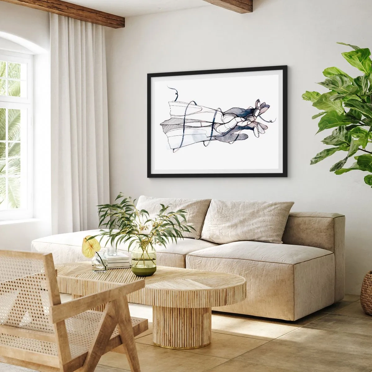 Plakat w czarnej ramie - Subtelny rysunek dłoni z delikatnym kwiatem - 70x50cm - Studium dotyku - Nowoczesna dekoracja ścienna do salonu i sypialni ARTTOR