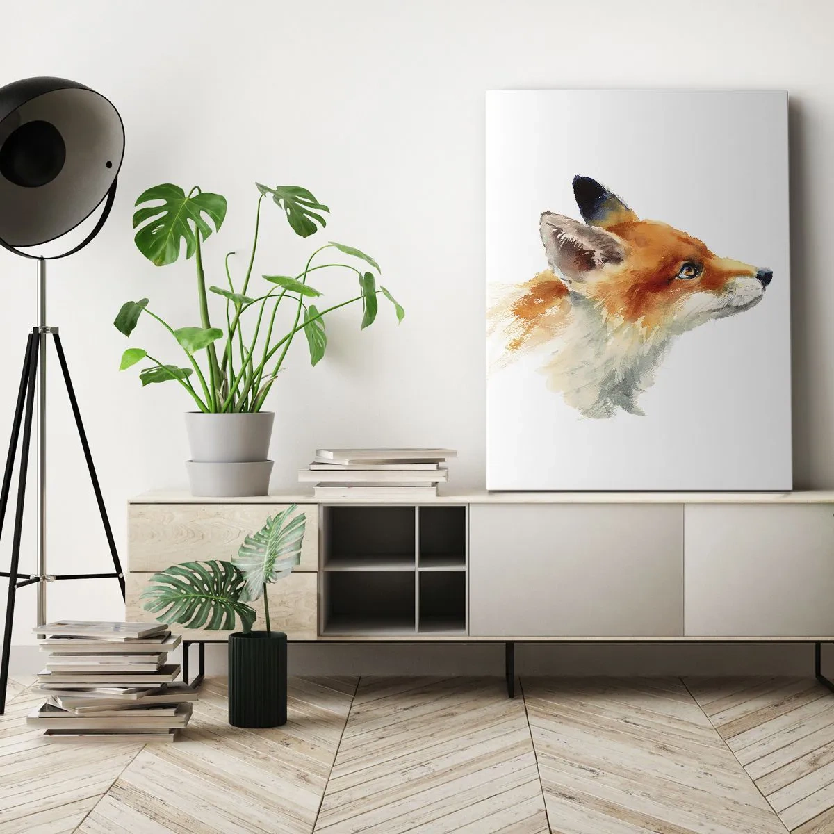 Obraz na płótnie - Akwarelowa ilustracja rudego lisa z zadumanym spojrzeniem - 50x70cm - Ostrożności nigdy za wiele - Nowoczesna dekoracja ścienna do salonu, kuchni i sypialni ARTTOR