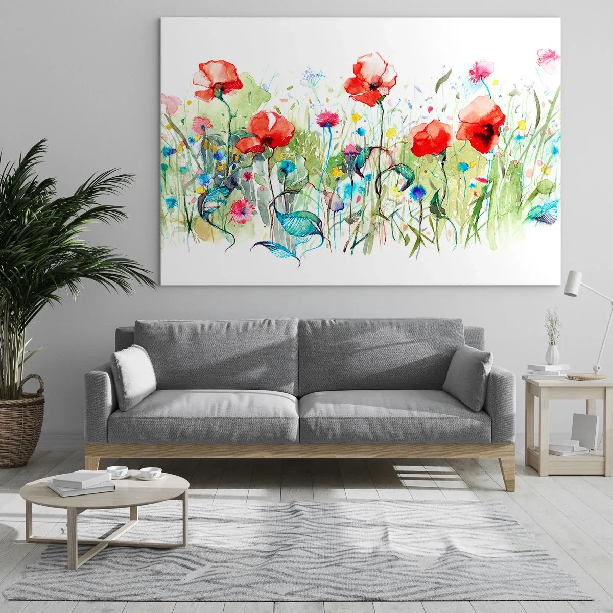 Obraz na szkle - Kolorowe maki i dzikie kwiaty w stylu akwarelowym - 120x80cm - Kwitnąca majem łąka - Nowoczesna dekoracja ścienna do salonu, kuchni i sypialni ARTTOR