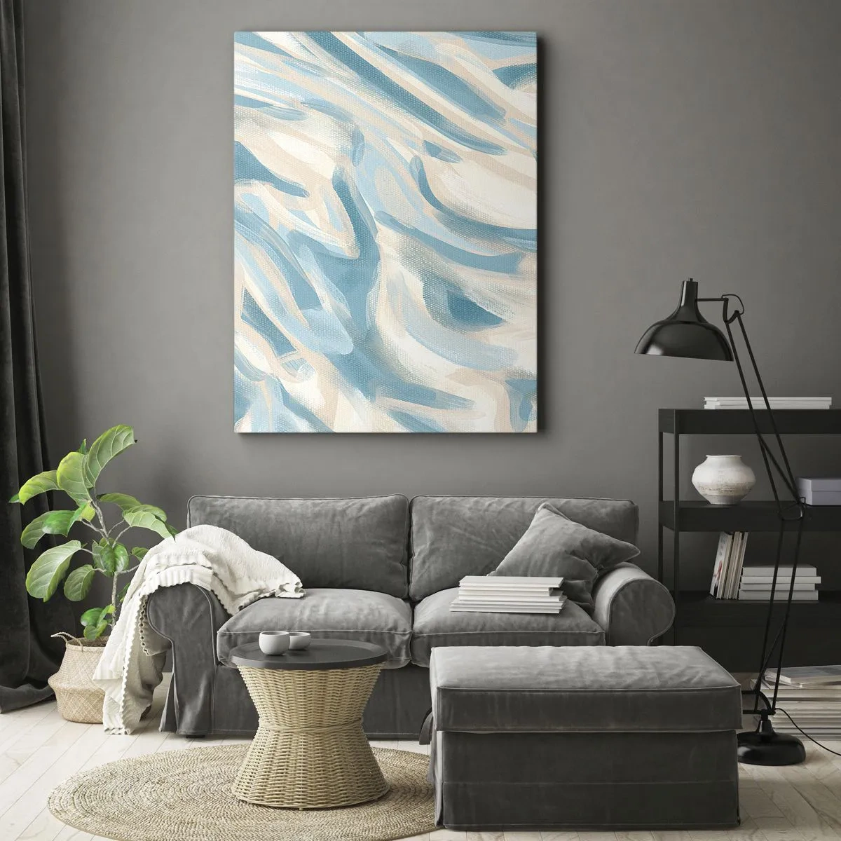 Obraz na płótnie - Abstrakcyjna kompozycja w odcieniach błękitu, beżu i bieli z dynamicznymi pociągnięciami pędzla - 50x70cm - Wiosenne powiewy - Nowoczesna dekoracja ścienna do salonu, kuchni i sypialni ARTTOR