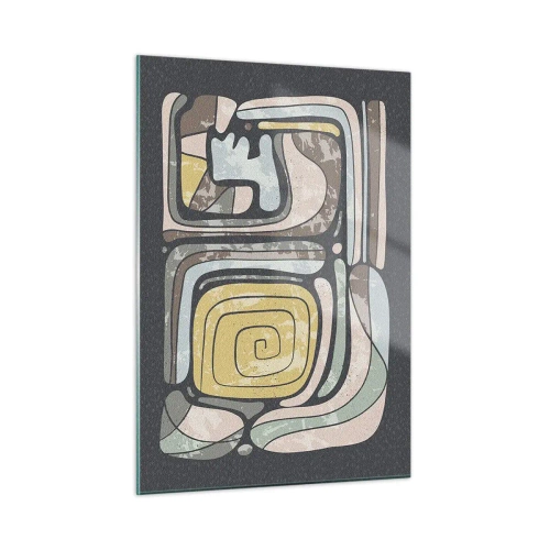 Obraz na szkle - Geometryczna abstrakcja w kolorach ziemi na czarnym tle - 50x70cm - Abstrakcja w duchu prekolumbijskim - Nowoczesna dekoracja ścienna do salonu, kuchni i sypialni ARTTOR