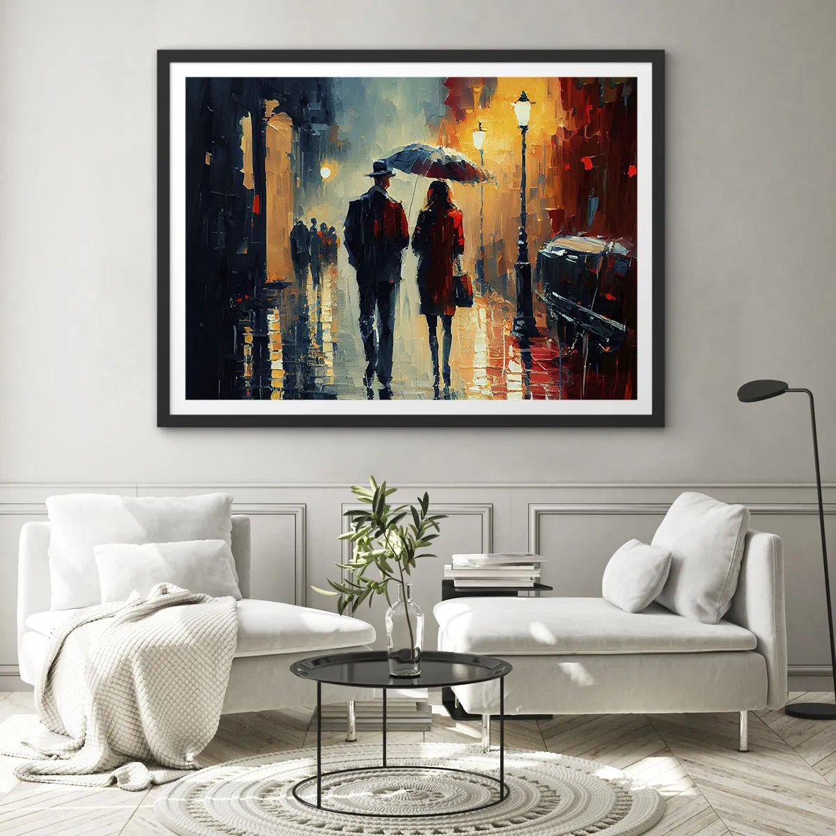 Plakat w czarnej ramie - Spacer w deszczu pod parasolem w mieście nocą - 70x50cm - Miejska love story - Nowoczesna dekoracja ścienna do salonu i sypialni ARTTOR