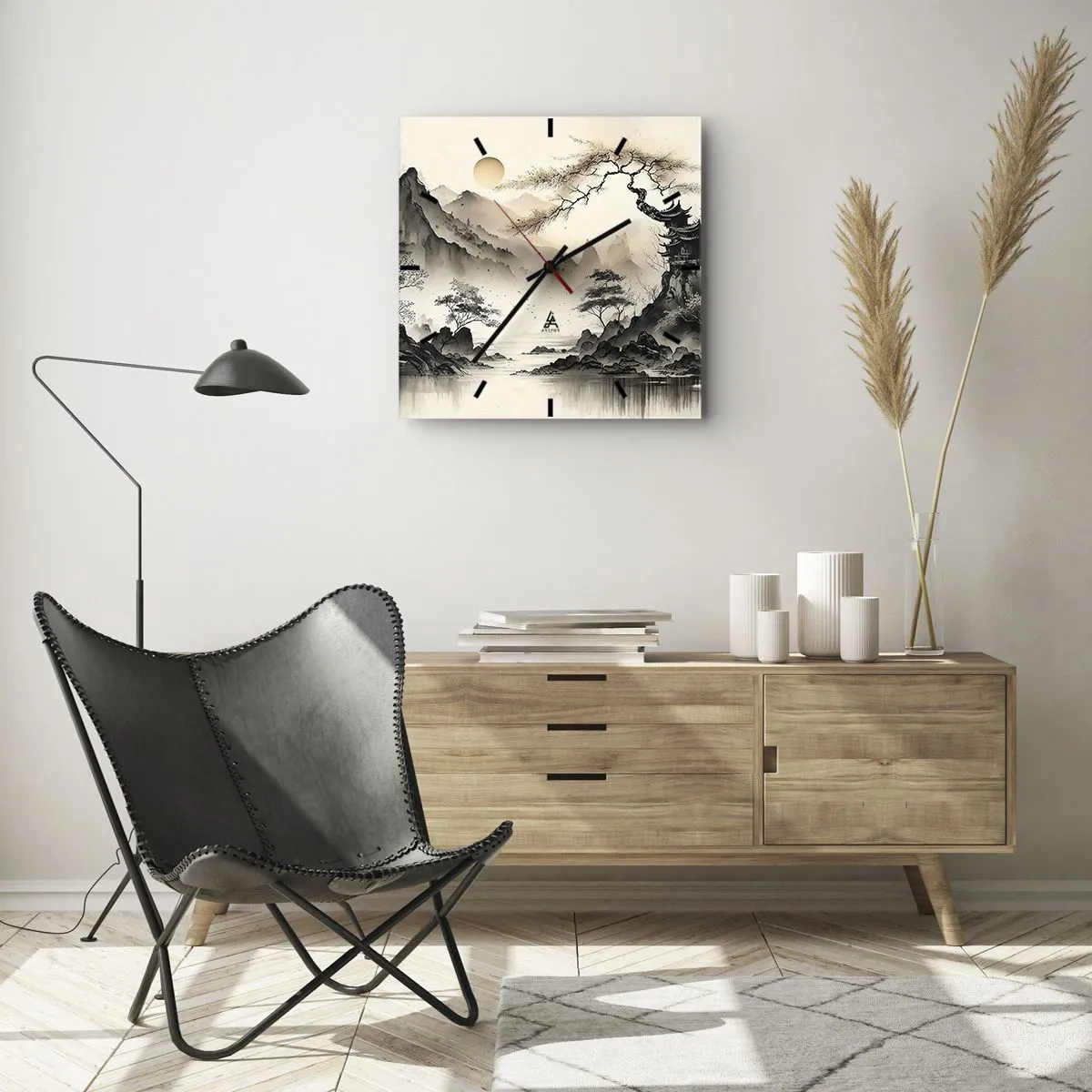 Zegar ścienny - Orientalny krajobraz z górami i pagodą w delikatnych odcieniach - 30x30cm - Niepowtarzalny urok orientu - Nowoczesna dekoracja ścienna do salonu i sypialni ARTTOR