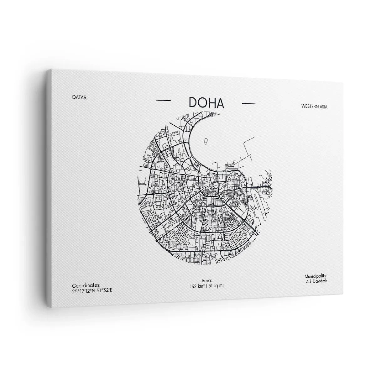 Obraz na płótnie - Minimalistyczna mapa Dohy w czarno-białej kolorystyce z precyzyjnymi detalami - 70x50cm - Anatomia Dohy - Nowoczesna dekoracja ścienna do salonu i sypialni ARTTOR