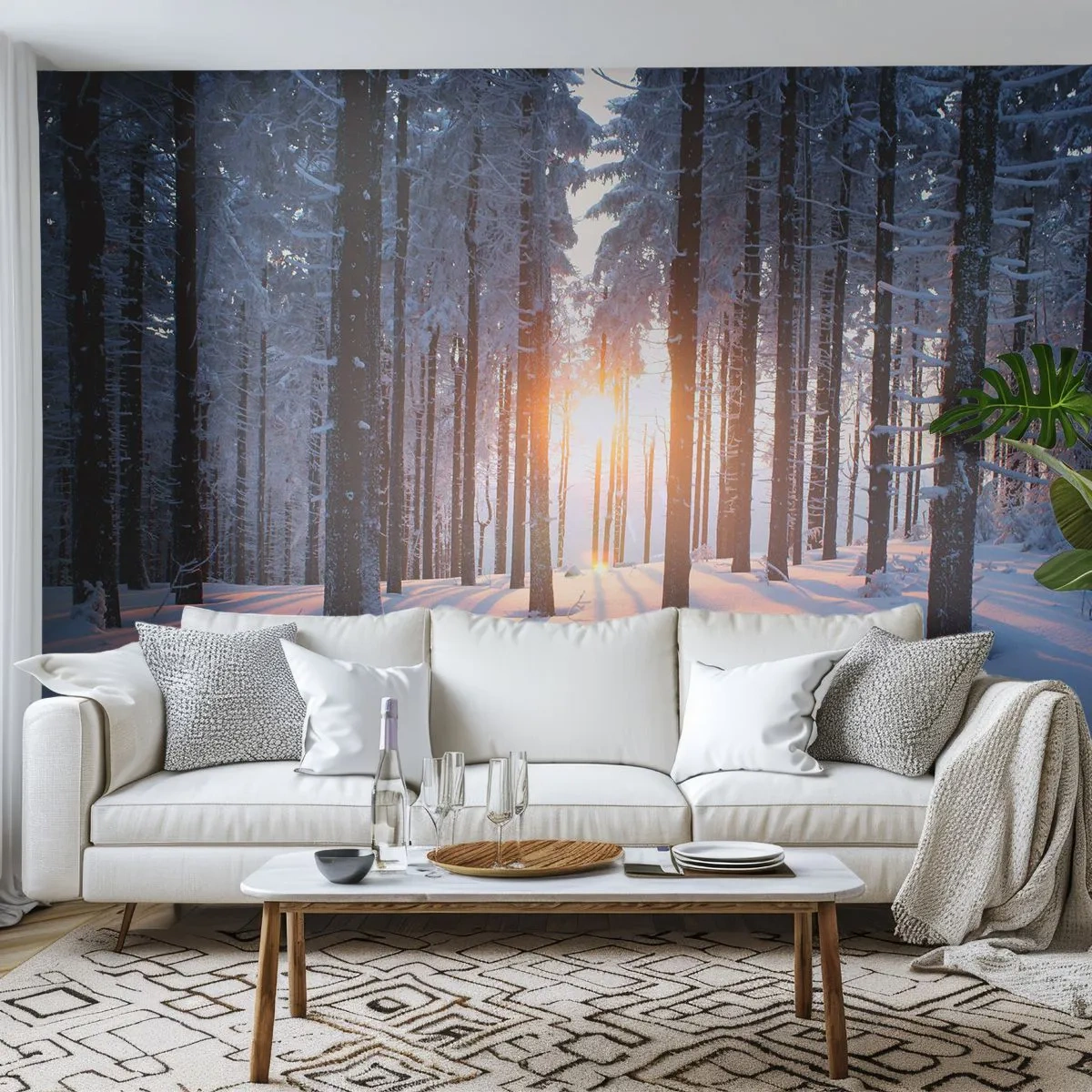 Fototapeta Premium Sand - Zimowy las z promieniami słońca - 100x70cm - Wyraźnie czarno na białym - Nowoczesna dekoracja ścienna do salonu, kuchni i sypialni ARTTOR