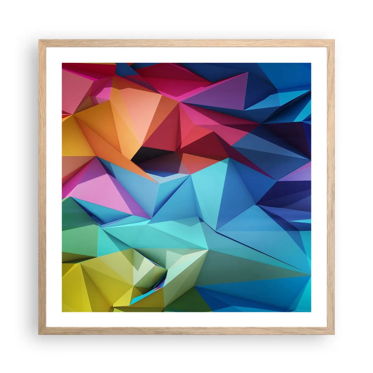 Plakat w ramie jasny dąb - Tęczowe origami - 60x60 cm