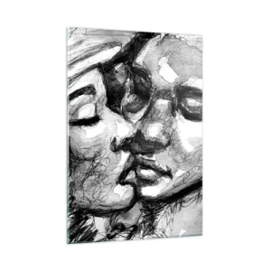 Obraz na szkle - Czarno-biały szkic przedstawiający czuły pocałunek - 50x70cm - Czuła chwila - Nowoczesna dekoracja ścienna do salonu, kuchni i sypialni ARTTOR